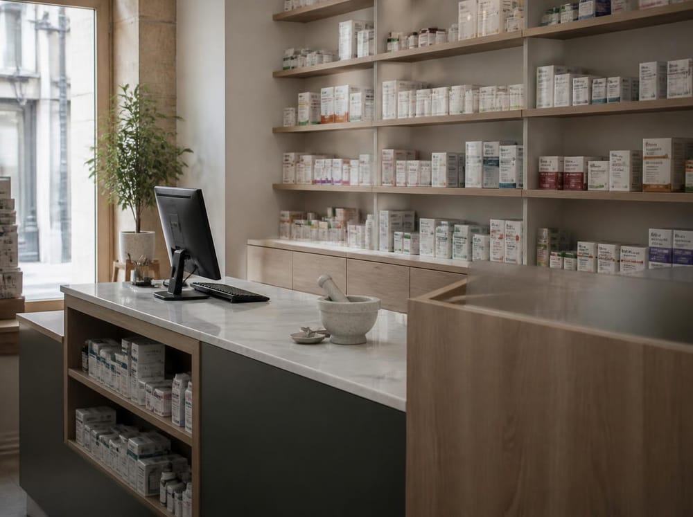 Interior of a pharmacy with a counter and shelving